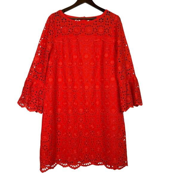 J. Crew Embroidered Eyelet Long Bell Sleeves Sheath Mini Dress Lined 16 Red - Picture 2 of 15